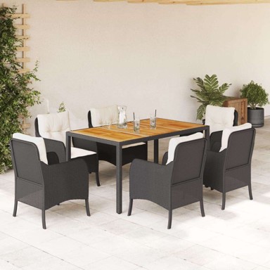 7-dijelni vrtni set s jastucima od poli-ratana, stol 150 cm, crno-krem