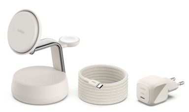 BELKIN Punjač UltraCharge Pro WIZ040kqSD, bežični, Qi2, 25W, magnetski 3-u-1, s napajanjem, bijeli
