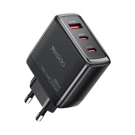 YESIDO Zidni punjač YC144C, 65 W, 3,25 A, 1 × USB-A, 2 × USB-C, s USB-C kabelom, crni