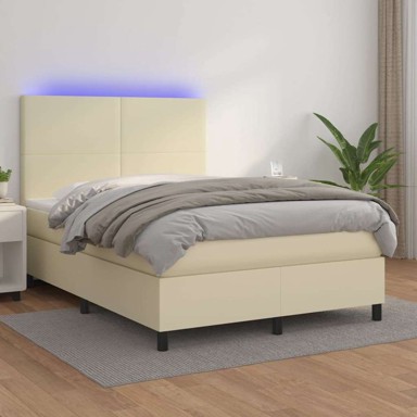 Box spring krevet s madracem i LED, umjetna koža, 140 x 200 cm, krem, gladak dizajn
