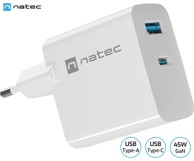 NATEC Punjač Ribera GaN univerzalni, 45 W, USB-A, USB-C, bijela