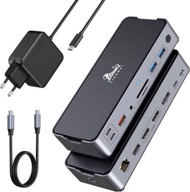 USB-C priključna stanica za laptop, 65 W, trostruki zaslon, 2 x HDMI, DP, 10 Gbps USB, PD 100 W, RJ45, SD/TF, audio, B0C32YZ271