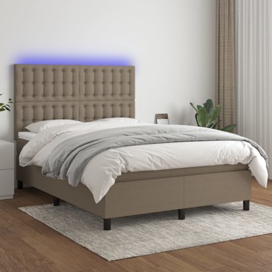 Krevet box spring s madracem LED smeđesivi 140x200 cm tkanina