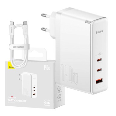 BASEUS Zidni punjač GaN5 Pro, 2x USB-C + USB, 140W, bijeli