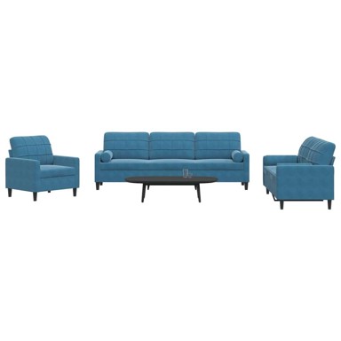 3-dijelni set sofa s jastucima plavi baršunasti, plava s jastučićima