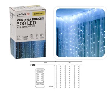 Božićne LED lampice Zavjesa 300L, IP20, hladno bijela, USB napajanje, 8 načina osvjetljenja