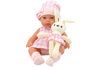 Beba lutka u nosiljci za zeca, roza karirana odjeća