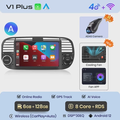 Auto radio za FIAT 500 500c 2007, 2015, multimedijalna GPS navigacija, Android 12, V1PLus, 6GB, 128GB, DVR