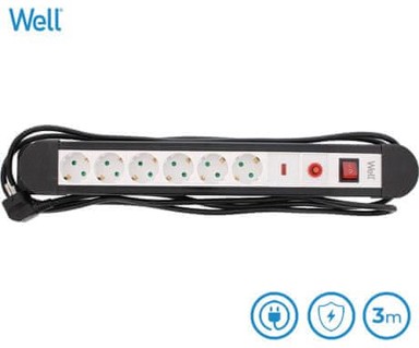 WELL Produžni kabel s prenaponskom zaštitom 6x Schuko, 3 m, bijela