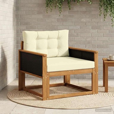 Srednja vrtna sofa, prirodna i krem, crni ratan