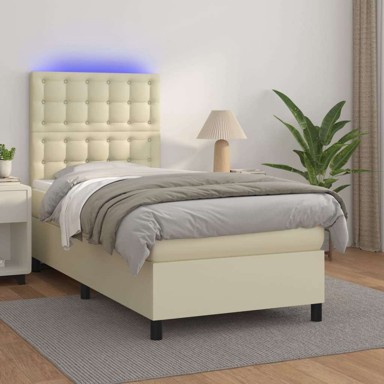 Box spring krevet s madracem LED, 80 x 200 cm, umjetna koža, krem, s gumbima