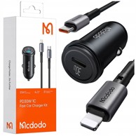 MCDODO Brzi auto punjač za USB-C telefon LED + Lightning kabel, crni