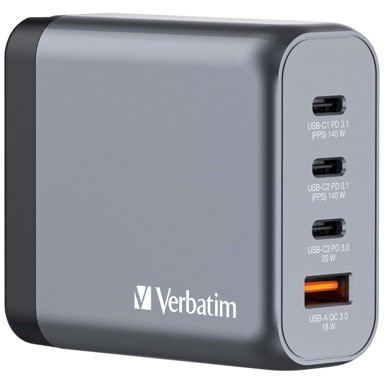 VERBATIM Punjač GNC-140, GaN, 140W, 2×USB-C PD 140W + 1×USB-C PD 20W + 1×USB-A QC 3.0 (EU/UK/US)