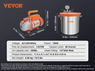 VEVOR Vakuumska komora s pumpom 3.5CFM, 3 GAL, 150 W, 250 ml ulja, inox