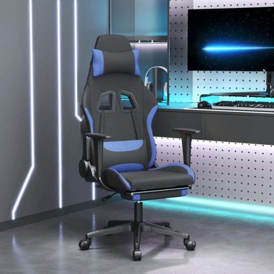 Gaming stolica, crno-plava, tkanina, s naslonom za noge