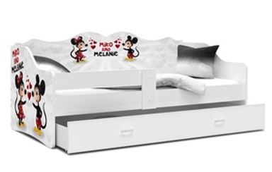 Drveni dječji krevet Neli s ladicom Miki i Minnie, 180x80 cm, PE madrac 8 cm, bijeli
