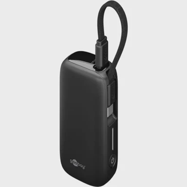 GOOBAY Powerbank, 5. 000 mAh, integrirani USB-C kabel 13 cm, 20W, 1x USB-A, 1x USB-C, PD, QC, crna