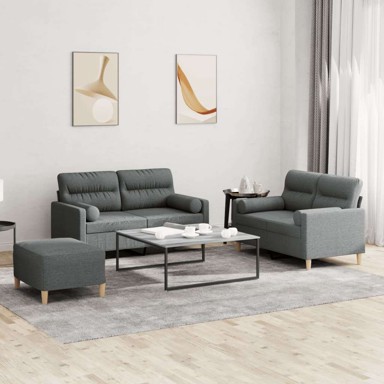 3-dijelni set sofa s jastucima i tabureom tkanine, tamno siva
