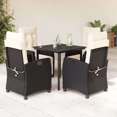 Vrtna garnitura, vrtni blagovaonski set od poliratana s jastucima, crna, 5-dijelni, stol 80 cm