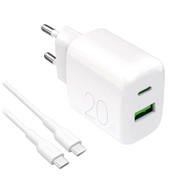 PURO ProLite zidni punjač, USB-A/USB-C, 20 W, s USB-C kabelom od 1,2 m, bijeli