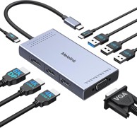 USB-C priključna stanica, 9 u 1, 2 monitora, dual HDMI, trostruki zaslon, 2 x 4K HDMI, 8K DP, VGA, 100 W PD, USB