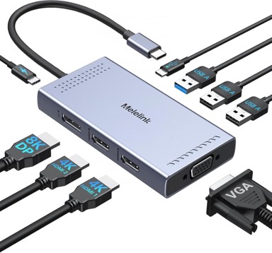 USB-C priključna stanica, 9 u 1, 2 monitora, dual HDMI, trostruki zaslon, 2 x 4K HDMI, 8K DP, VGA, 100 W PD, USB