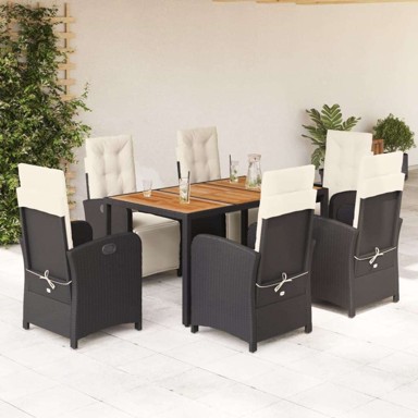 7-dijelni vrtni set s jastucima od poli-ratana, stol 150 cm, crno-krem