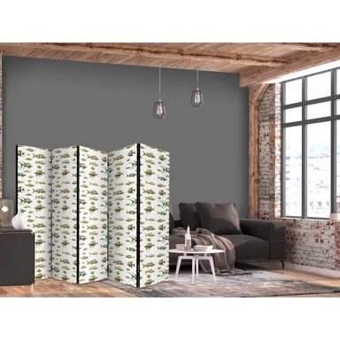 Paravan Neobične vrste riba, jato riba u prigušenim bojama u retro stilu na podlozi bež poteza, 225x172 cm, akustični