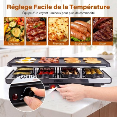 COSTWAY Raclette roštilj 2 u 1 s 8 tavica i drvenim lopaticama, 1400 W, 48 x 24 x 12 cm, crni
