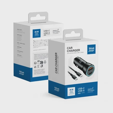 BLUE STAR Auto punjač, 30 W, PD, QC 3.0, AFC, s USB C konektorom i USB CC 60 W kabelom