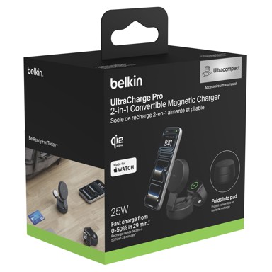 BELKIN UltraCharge magnetski 2-u-1 Qi2 punjač, 25 W, tamnosivi