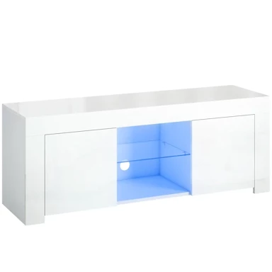 TV ormarić s LED rasvjetom, 2 vrata, staklenom policom i otvorima za kabele, iverica, 120 x 34 x 45 cm, bijeli