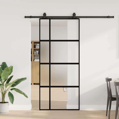 Klizna vrata s priborom crna 90 x 205 cm kaljeno staklo mat i prozirno