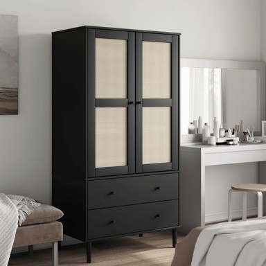 Komoda SENJA, izgled ratana, 90 x 55 x 175 cm, masivna borovina, crna