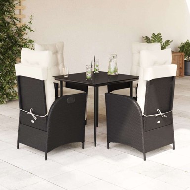 Vrtna garnitura, 5-dijelni set s jastucima od poliratana, 80 x 80 x 74 cm, s podignutom nogom, crna i krem