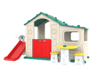 Dječja kućica za igru s toboganom, košem za košarku i stolom, zeleni krov