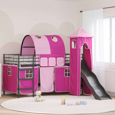 Moderni loft krevet s zavjesama 79,5x200 cm, crno-ružičasti