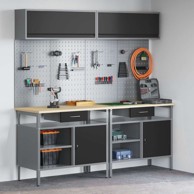 Set radnog stola s ladicama i policom (set 8 kom), 200 x 55 x 200 cm, crna