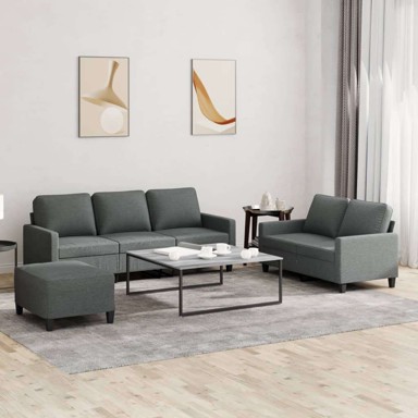 3-dijelni set sofa s jastucima i tabureom tkanine, tamno siva