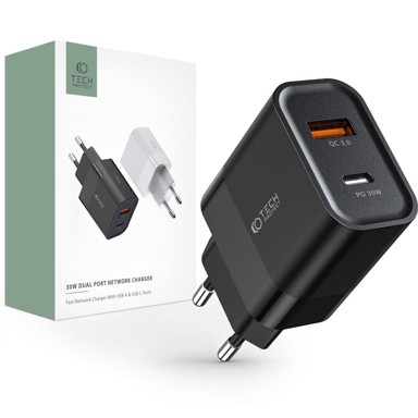 TECH-PROTECT Zidni punjač C30W 30W QC3.0 USB + Type C, crni