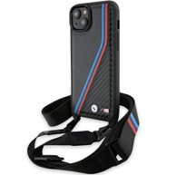BMW Futrola M Edition Carbon Tricolor Lines & Strap, za iPhone 15 Plus i 14 Plus, crna