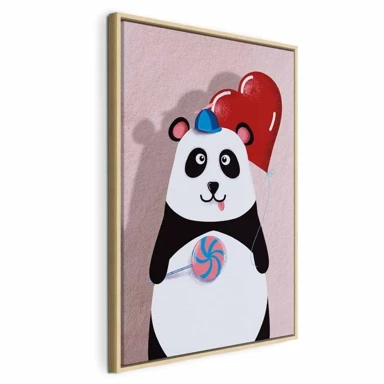 Slika Panda s balonom, jednodijelna, okomita, 60x90 cm, u prirodnom drvenom okviru