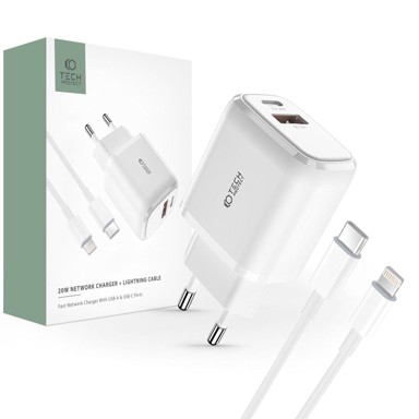 TECH-PROTECT Zidni punjač C20W 20W QC3.0 USB + PD Type C + Type C to Lightning kabel
