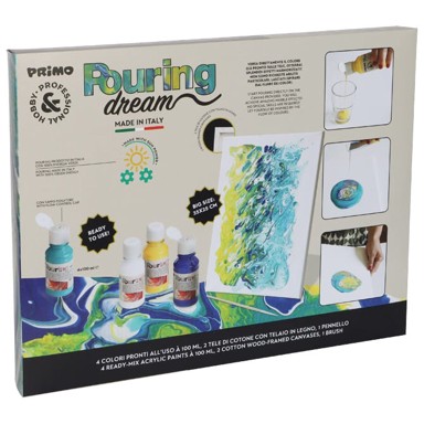 PRIMO Set akrilnih boja za pouring 100 ml 4 boje + 2 platna + kist CMP.PAINTSET3