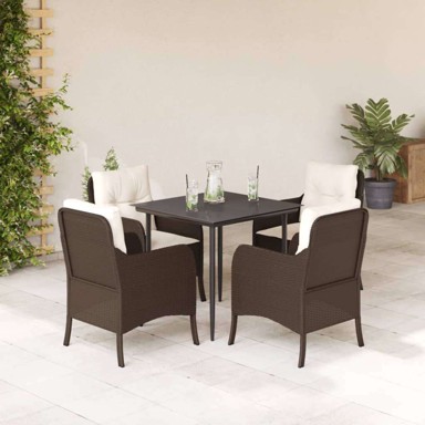 5-dijelni vrtni blagovaonski set s jastucima, poli-ratan, dužina stola 80 cm, oštra noga, smeđi