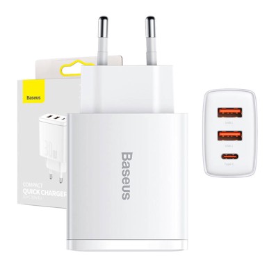 BASEUS Punjač Compact Quick, 2xUSB, USB-C, PD, 3A, 30W 