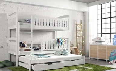 Drveni dječji krevet na kat Blanka s tri kreveta i ladicom, bijeli, 190x90 cm