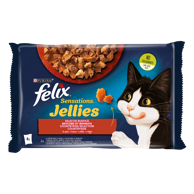 FELIX SENSATIONS Hrana za mačke Jellies s govedinom u želeu s rajčicom i s piletinom u želeu s mrkvom, 4x85g