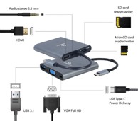 GEMBIRD USB-C HUB A-CM-COMBO6-01, 6-u-1, HDMI, VGA, USB 3.1, SD, MicroSD, audio, PD 60W