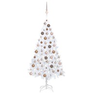 Božićno drvce umjetno, osvijetljeno s kuglicama, bijelo, 120 cm, PVC, rose gold kuglice